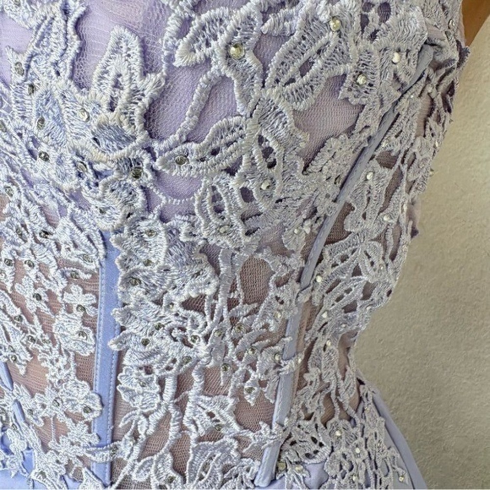 Y2K Satin Corset Mini Dress Sz.4-6 Fairy Mesh Lace Rhinestone Wimsigoth 90s - Picture 13 of 15
